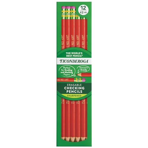 Ticonderoga Erasable Checking Wood-Cased Pencils, Pre-Sharpened, Red, 12 Count