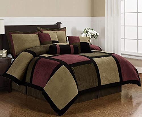 Book Cover 7 Pieces Brown, Burgundy, and Black Micro Suede Patchwork Comforter Set Queen Size