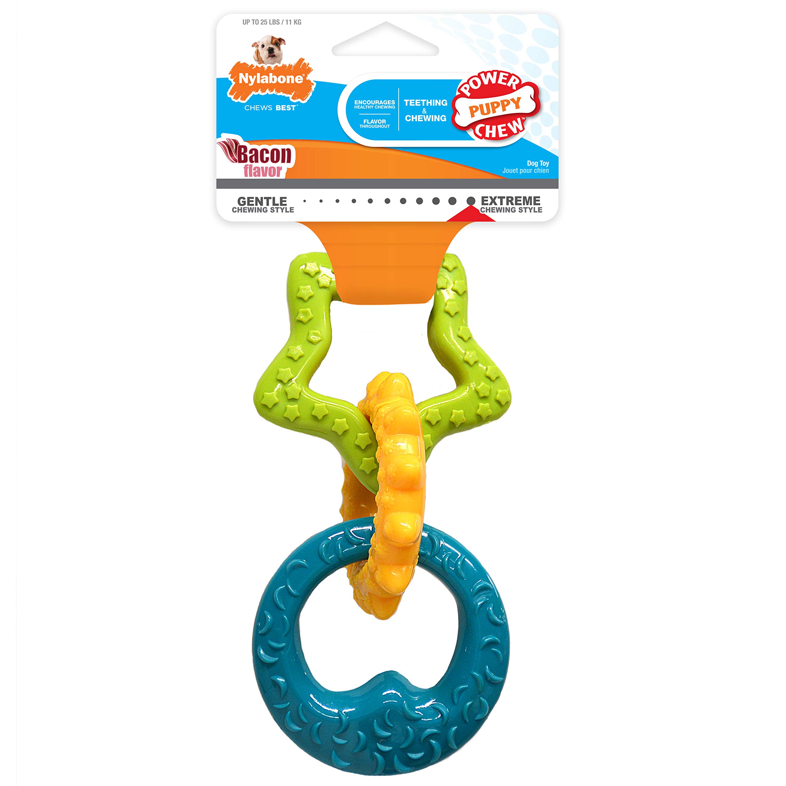Book Cover Nylabone Puppy Power Rings Chew Toy - Tough and Durable Puppy Chew Toy for Teething - Puppy Supplies - Bacon Flavor, Small (1 Count) Rings Small up to 25 lbs.