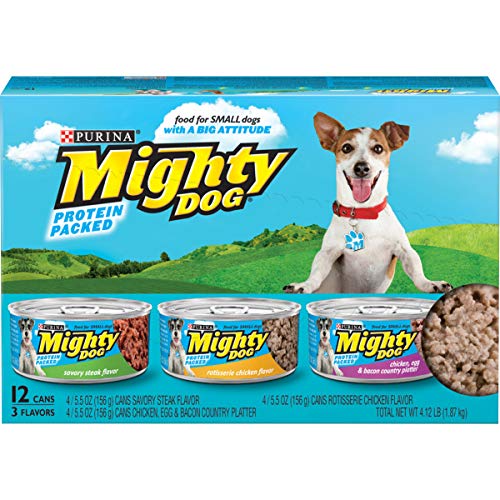 Purina Mighty Dog Small Breed Gravy Wet Dog Food Variety Pack, Savory Steak, Rotisserie Chicken and Chicken, Egg & Bacon Country Platter flavor - (2 Packs of 12) 5.5 oz. Cans