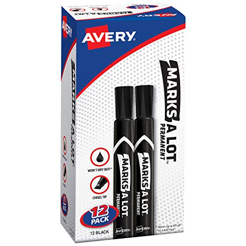 Book Cover Avery Marks-A-Lot Permanent Markers, Large Desk-Style Size, Chisel Tip, Water and Wear Resistant, 12 Black Markers (98028)