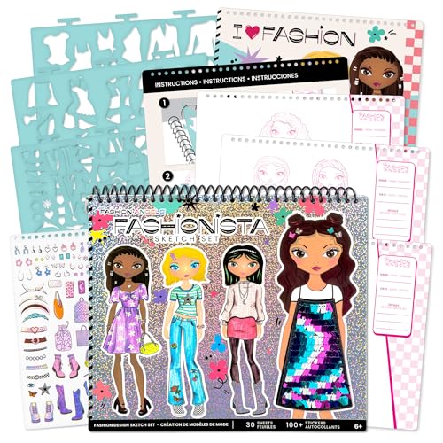 Fashion Angels Fashion Design Sketch Portfolio for Kids - Fashion Design Sketch Book for Beginners, Fashion Sketch Pad with Stencils and Stickers for Kids 6 and Up, Brown
