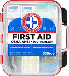 Book Cover First Aid Kit Hard Red Case 326 Pieces Exceeds OSHA and ANSI Guidelines 100 People - Office, Home, Car, School, Emergency, Survival, Camping, Hunting and Sports