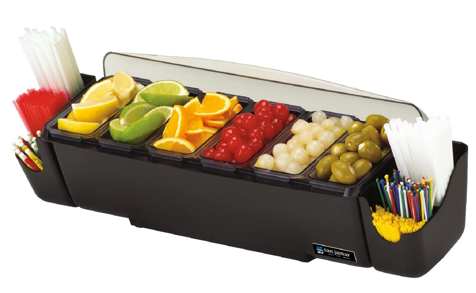 San Jamar The Dome Garnish Center - 3 Quart Capacity, 22" L x 7-1/2" W x 8-1/2" H, Black, Оne Расk