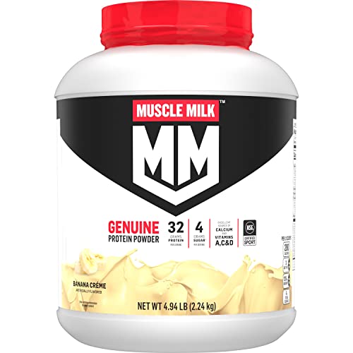 Book Cover Muscle Milk Genuine Protein Powder, Banana Crème, 32g Protein, 5 Pound, 32 Servings