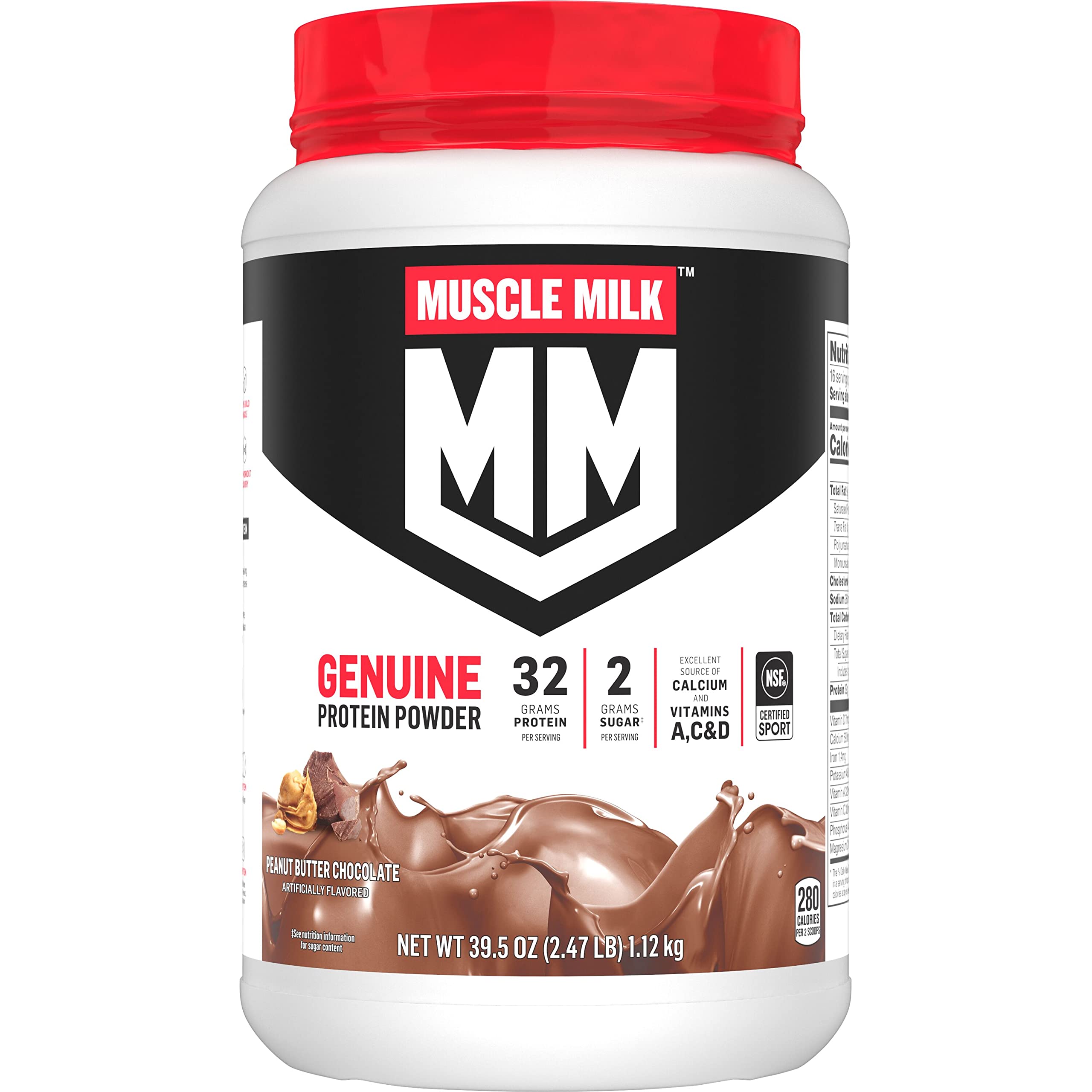Muscle Milk Genuine Protein Powder, Peanut Butter Chocolate, 2.47 Pound, 16 Servings, 32g Protein, 2g Sugar, Calcium, Vitamins A, C & D, NSF Certified for Sport, Energizing Snack, Packaging May Vary Peanut Butter Chocolate Peanut Butter Chocolat