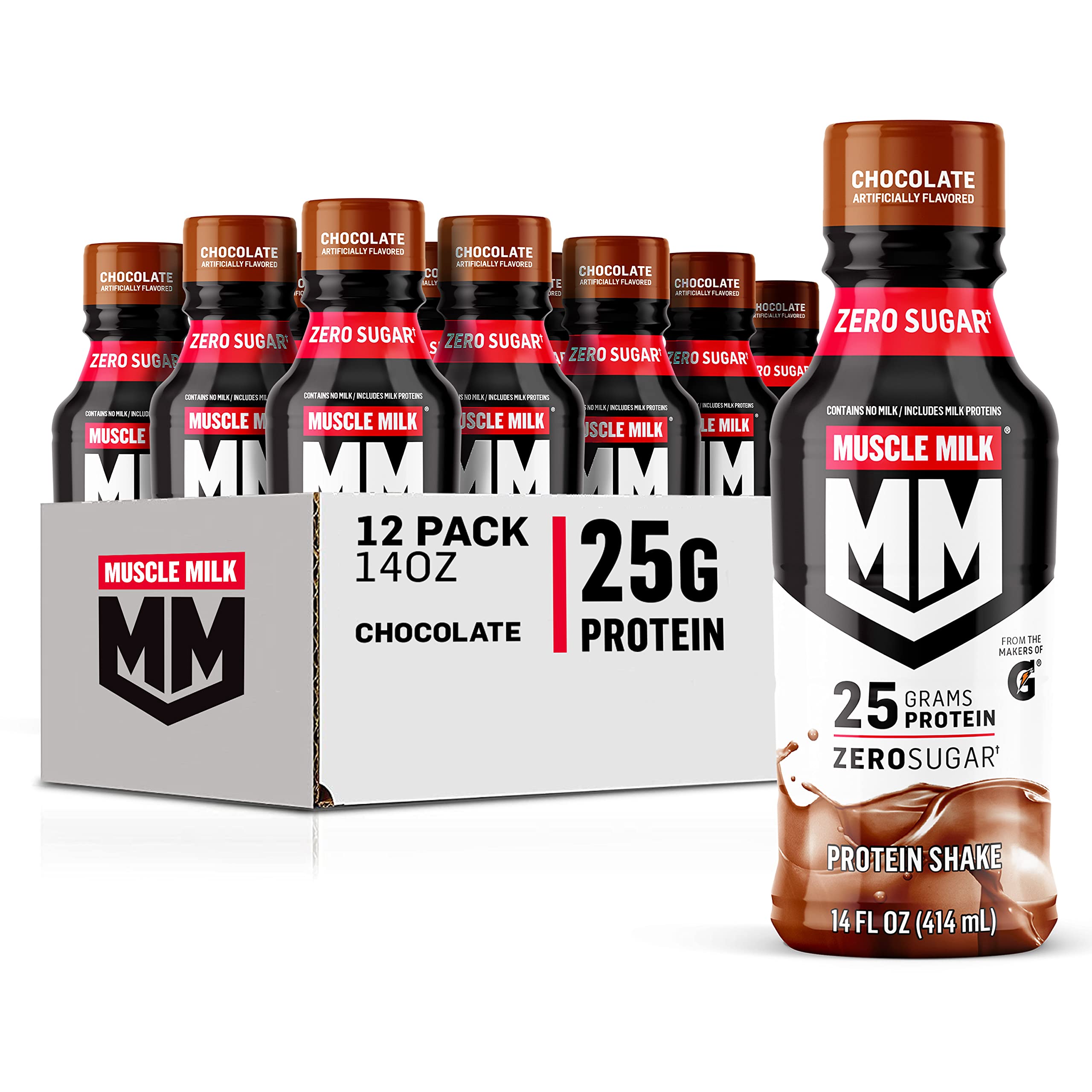 Muscle Milk Genuine Protein Shake, Chocolate, 14 Fl Oz Bottle, 12 Pack, 25g Protein, Zero Sugar, Calcium, Vitamins A, C & D, 6g Fiber, Energizing Snack, Workout Recovery, Packaging May Vary Chocolate 14 Fl Oz (Pack of 12)