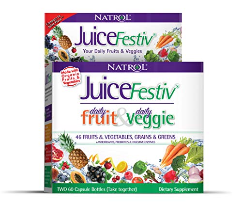 Book Cover Natrol Juicefestiv Daily Fruits and Veggies Capsules with SelenoExcell for Improved Metabolism, Boosts Energy and Well-Being, 120 Count