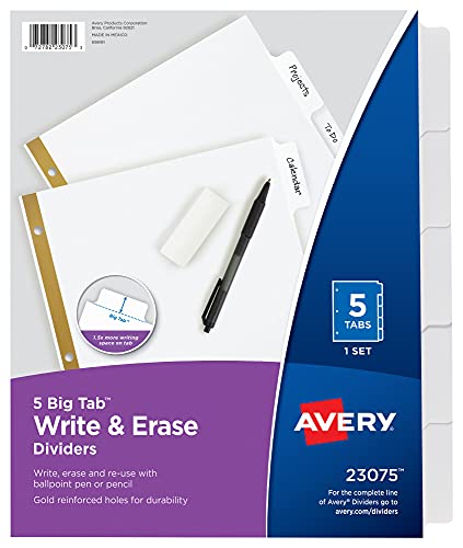 Avery Big Tab Write & Erase Dividers, 5 White Tabs, 1 Set (23075)