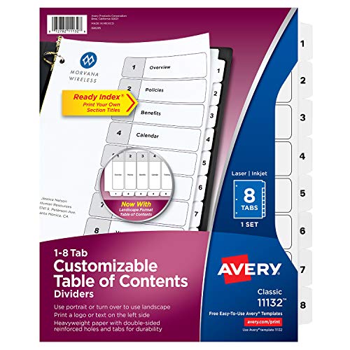 Avery Ready Index Table of Contents Dividers, Eight Tab, 1-8, Black/White, 1 Set (11132)