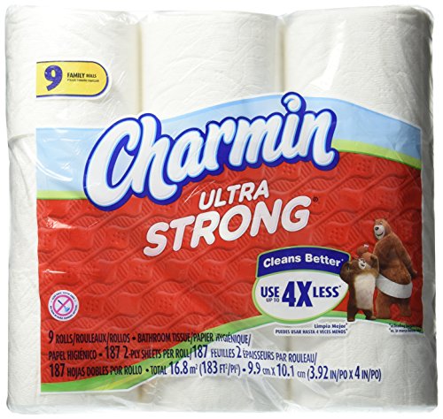 Book Cover Charmin Ultra Strong Bathroom Tissue, 9 Family Rolls, 187 - 2 ply sheets Per Roll