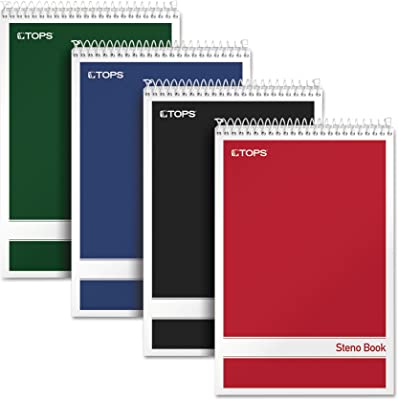 TOPS Steno Books, 6" x 9", Gregg Rule, White Paper, Assorted Color Covers, 80 Sheets, 4 Pack (80220)