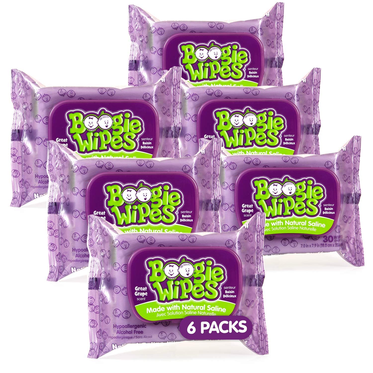 Boogie Wipes Wet Wipes for Baby and Kids, Nose, Face, Hand and Body, Soft and Sensitive Tissue Made with Natural Saline, Aloe, Chamomile and Vitamin E, 30 Grape Scent Grape 180 Count (Pack of 6)