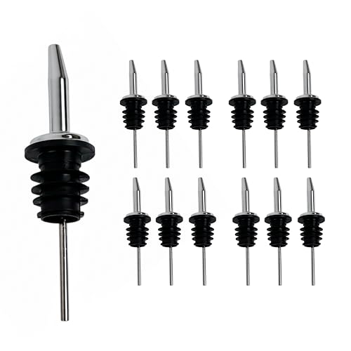 Spill-Stop 285-50 Chrome Tapered Pourer Dispenser, Spouts Liquor Bottle Pourer with Poly-Cork, Black/Silver, 12 Units
