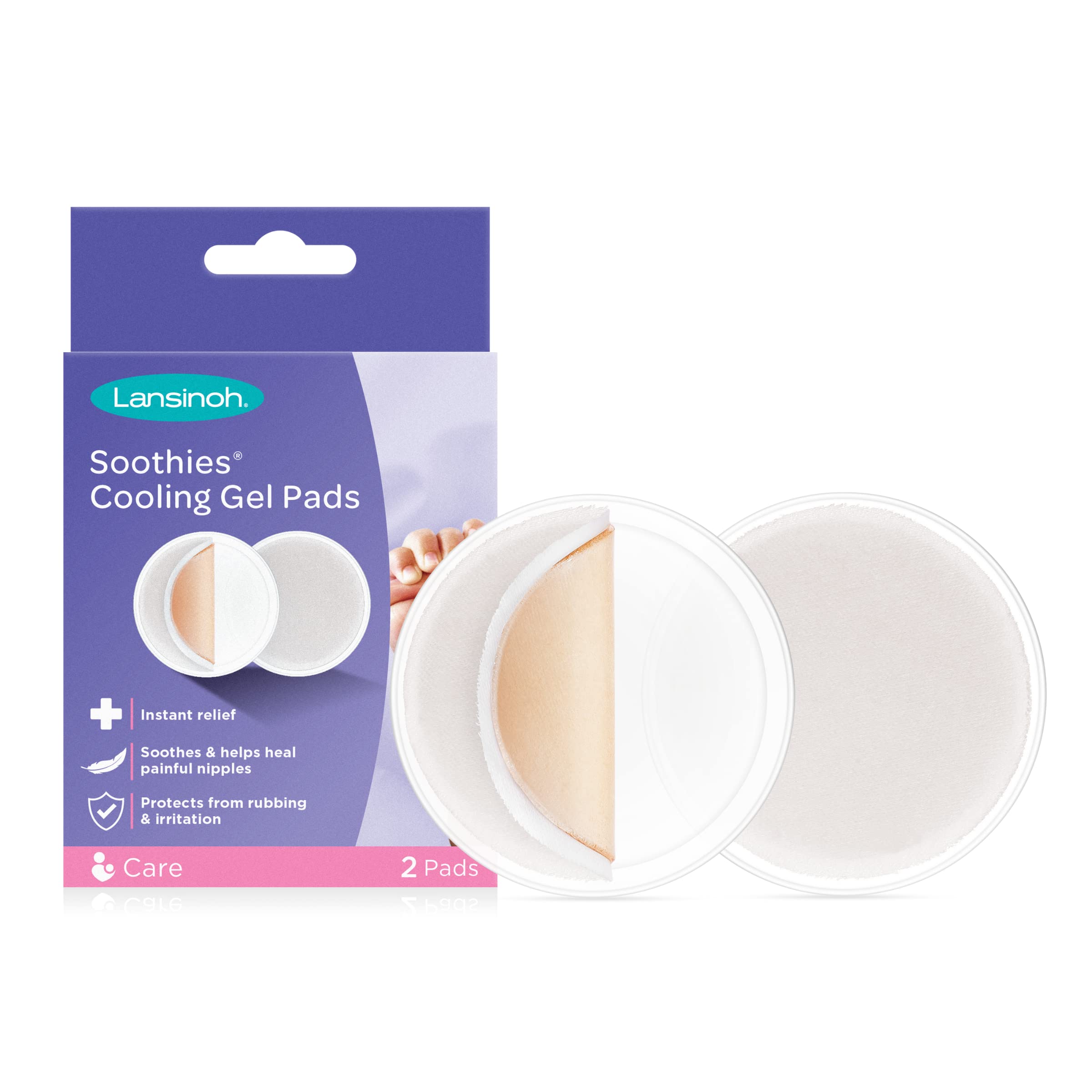 Book Cover Lansinoh Soothies Cooling Gel Pads, 2 Count, Breastfeeding Essentials, Provides Cooling Relief for Sore Nipples Soothies Breast Gel Pads, 2 Pack