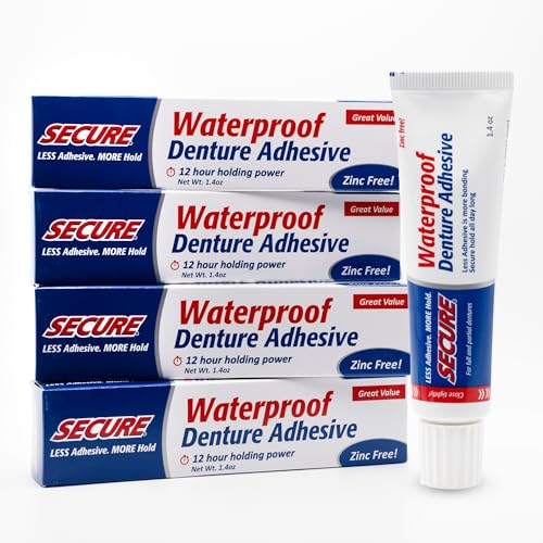 Secure Waterproof Denture Adhesive - Zinc Free - Extra Strong Hold For Upper, Lower or Partials - 1.4 oz (Pack of 4) 1.4 Ounce (Pack of 4)
