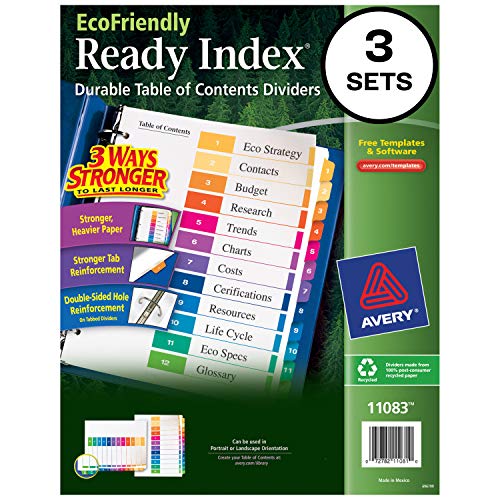 Avery Eco-Friendly 12 Tab Dividers for 3 Ring Binders, Customizable Table of Contents, 3 Sets (11083)