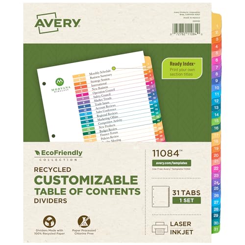Avery EcoFriendly Recycled 1-31 Dividers for 3 Ring Binders, 31 Tabs per Set, Customizable Table of Contents, Multicolor Tabs, Great for Organizing Reports, Projects, and More (11084)