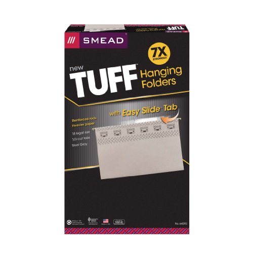 Smead TUFF Hanging File Folder with Easy Slide Tab, 1/3-Cut Sliding Tab, Legal Size, Steel Gray, 18 per Box (64093)