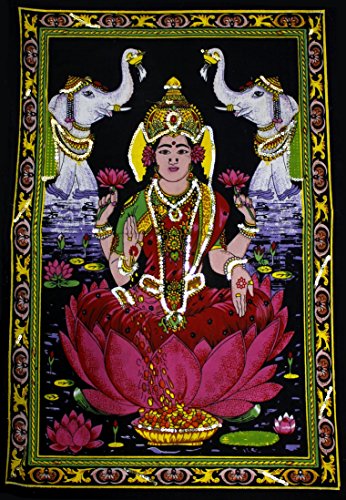 Cotton Fabric Goddess Laxmi / Lakshmi 30" X 43" Tapestry India