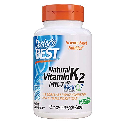 Book Cover Doctor's Best Natural Vitamin K2 MK-7 with MenaQ7, Non-GMO, Vegan, Gluten Free, Soy Free, 45 mcg 60 Veggie Caps