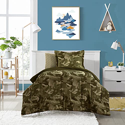 Book Cover Dream Factory Kids 5-Piece Complete Set Easy-Wash Comforter Bedding, Twin, Green Geo Camo