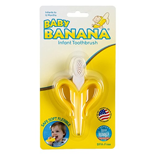 Book Cover Baby Banana Yellow Banana Infant Toothbrush, Easy to Hold, Made in the USA, Train Infants Babies and Toddlers for Oral Hygiene, Teether Effect for Sore Gums, 4.33