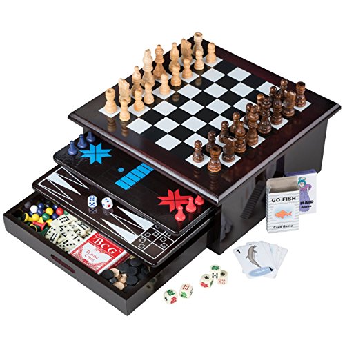 Board Game Set - Deluxe 15 in 1 Tabletop Wood-accented Game Center with Storage Drawer (Checkers, Chess, Chinese Checkers, Parcheesi, TicTacToe, SOlitaire, Snakes and Ladders, Mancala, Backgammon, Poker Dice, Playing Cards, Go Fish, Old Maid, an