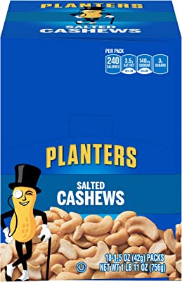 PLANTERS Salted Cashews, 1.5 oz. Bags (18 Pack) - Individually Packed Snacks On the Go - Snacks for Adults - Quick Snacks - Kosher