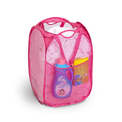 Book Cover Smart Design Deluxe Mesh Pop Up Square Laundry Hamper w/ Side Pocket & Handles - VentilAir Fabric Collapsible Design - for Clothes & Laundry - Home - (Holds 2 Loads) (14 x 23 Inch) [Pink]