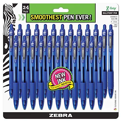 Book Cover Zebra Pen Z-Grip Retractable Ballpoint Pen, Medium Point, 1.0mm, Blue Ink, 24 Pack