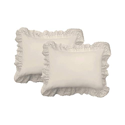 Fresh Ideas Ruffled Bed Pillow Shams with Embroidered Eyelet Detail, King, Ivory, 2-Pack