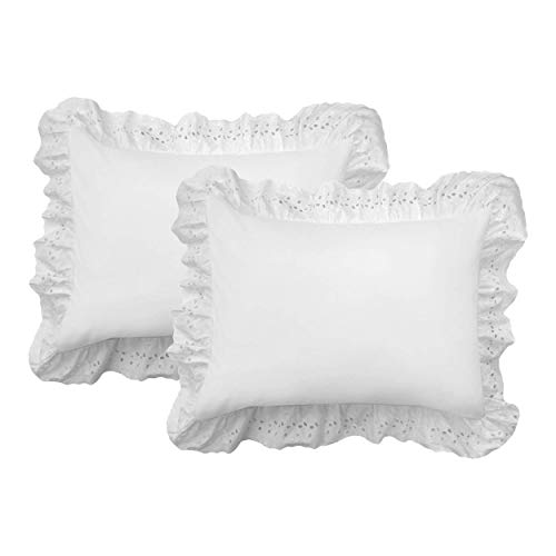 Book Cover Fresh Ideas Ruffled Bed Pillow Shams with Embroidered Eyelet Detail, Standard, White, 2-Pack