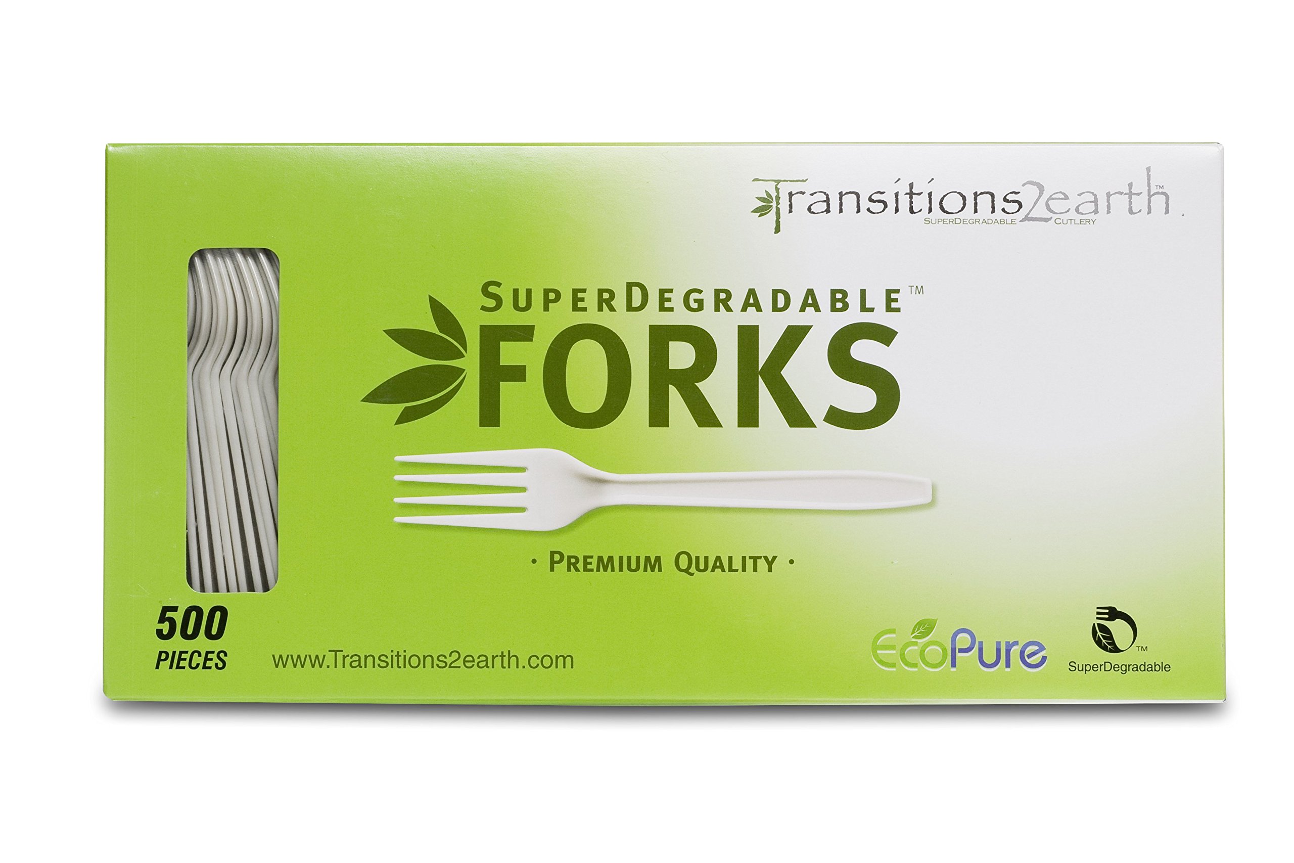 Book Cover Transitions2earth Biodegradable EcoPure Forks - Box of 500 (6.5 Inches) - Earth-Friendly, BPA-Free, Heavy Duty, Heat Resistant, Recyclable Utensils
