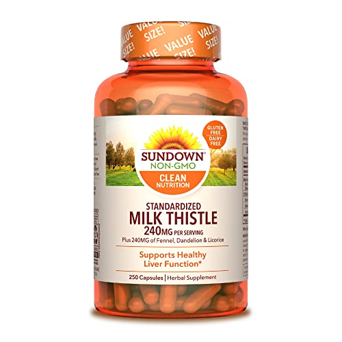 Book Cover Milk Thistle by Sundown, Herbal Supplement, Supports Liver Health, Non-GMO, Free of Gluten, Dairy, Artificial Flavors, 80% Silymarin, 250 Capsules
