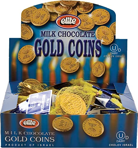 Elite Milk Chocolate Gold Coins, Individually Wrapped, Mesh Bags Filled with Menora Embossed Hanukkah Gelt Coins, Gluten Free, 0.53 Ounce (Pack of 24)