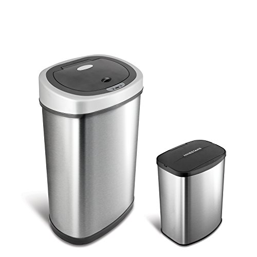 Book Cover NINESTARS CB-DZT-50-9/8-1 Automatic Touchless Infrared Motion Sensor Trash Can Combo Set, 13 Gal 50L & 2 Gal 8L, Stainless Steel Base (Oval & Rectangular, Silver/Black Lid)