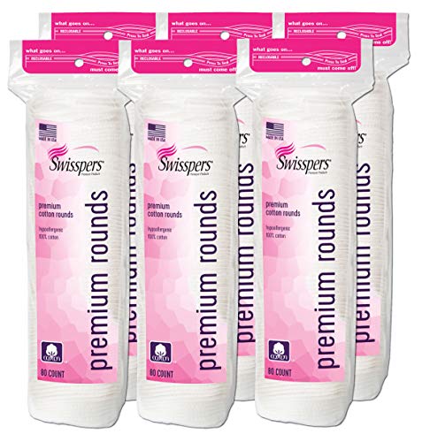 Swisspers Premium Cotton Rounds, Hypoallergenic, 100% Cotton, 80-Count Re-closable Bags, Pack of 6 Bags (Total Count 480)