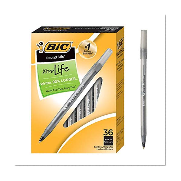 Book Cover BIC Round Stic Xtra Life Ballpoint Pen, Medium Point (1.0mm), Black, 36-Count