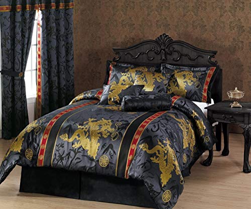 Book Cover Chezmoi Collection 7-Piece Palace Dragon Jacquard Comforter Set, King, Black/Gold/Red