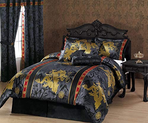 Chezmoi Collection 7-Piece Black Gold Red Palace Dragon Jacquard Comforter Set, King Size