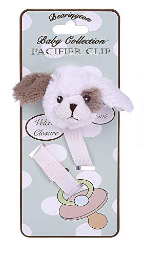 Bearington Baby Wiggles Plush Pink Puppy Dog Pacifier Holder with Satin Leash and Clip
