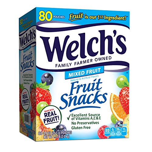 Book Cover Welch's Fruit Snacks, Mixed Fruit, Gluten Free, Bulk Pack, 0.9 oz Individual Single Serve Bags (Pack of 80)