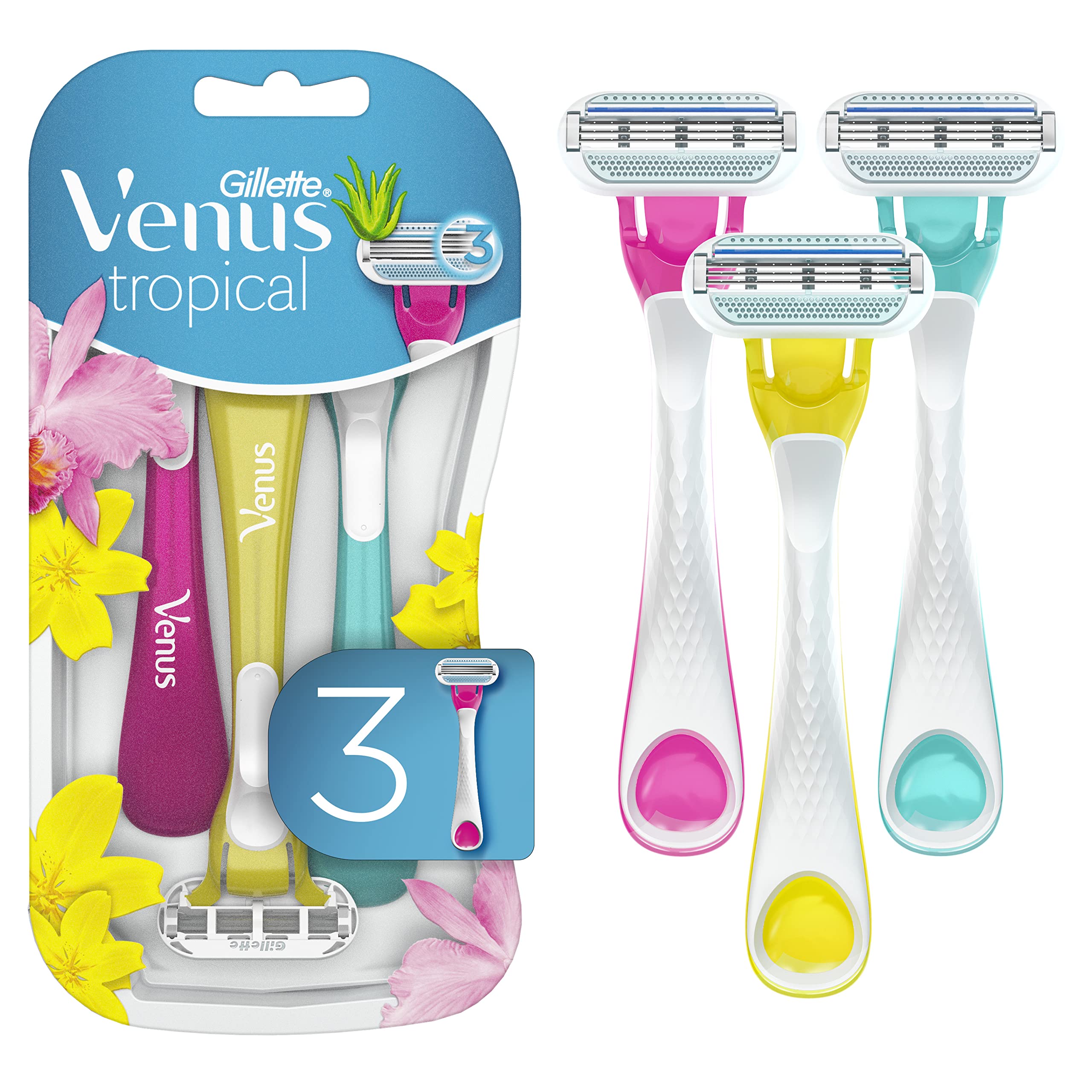 Book Cover Gillette Venus Tropical Disposable Razors for Women, 3 Count, Designed for a Smooth Shave, Tropical Fragrance Scented Handles