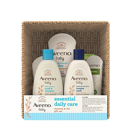 Book Cover Aveeno Baby Essential Daily Care Baby & Mommy Gift Set Featuring a Variety of Skin Care and Bath Products to Nourish Baby and Pamper Mom, Baby Gift for New and Expecting Moms, 7 Items