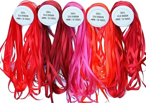 New ThreadNanny 5 Spools of 100% Pure Silk Ribbons - 4mm x 10 Meters - Red Shades by ThreadNanny