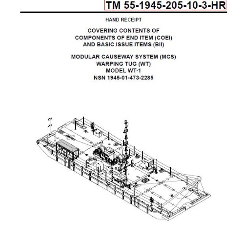 US Army, Technical Manual, TM 55-1945-205-10-3-HR, HAND RECEIPT COVERING CONTENTS OF COMPONENTS OF END ITEM, (COEI), AND BASIC ISSUE ITEMS (BII) MODULAR ... (WT), MODEL WT1, NSN 1945-01-473-2285, 2005