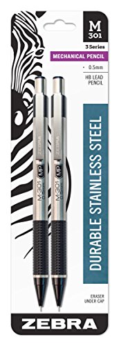 Book Cover Zebra 54012 Stainless Steel Mechanical Pencil, 0.5mm Point Size, Standard HB Lead, Black Grip, 2-Count
