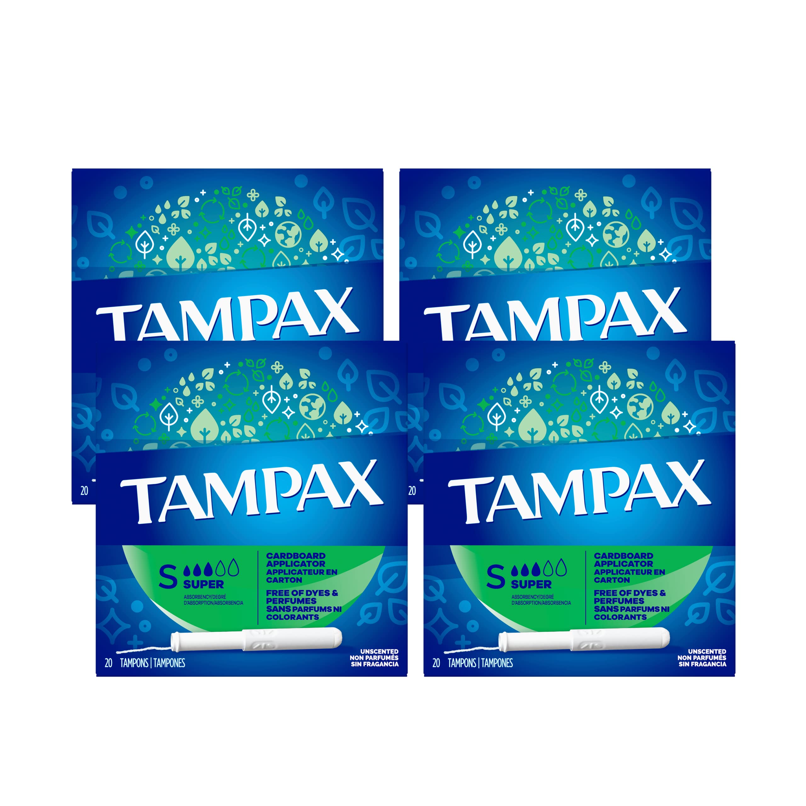 Tampax Cardboard Applicator Tampons, Super Absorbency, Unscented, 20 Count - Pack of 4 (80 Total Count) (Packaging May Vary)