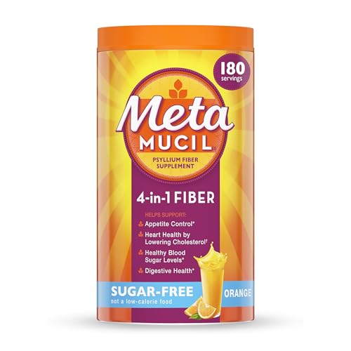Metamucil 4-in-1 Psyllium Husk GLP-1 Friendly Fiber Supplement, Sugar-Free, 180 teaspoons, Orange Flavored, Daily Fiber Powder for Digestive Health, made with Plant-Based Psyllium Husk Fiber